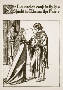 Sir Launcelot vertrouwt zijn schild toe aan Elaine de Schone, illustratie uit 
